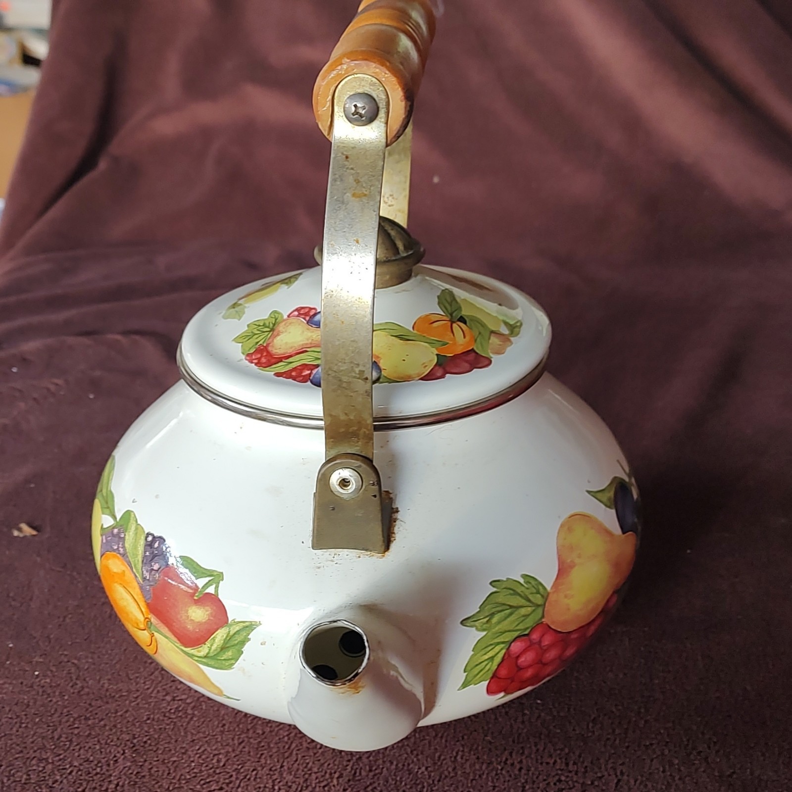 White Enamel Fruit Pattern Stove Top Tea Kettle w/ Lid, Wood Handle