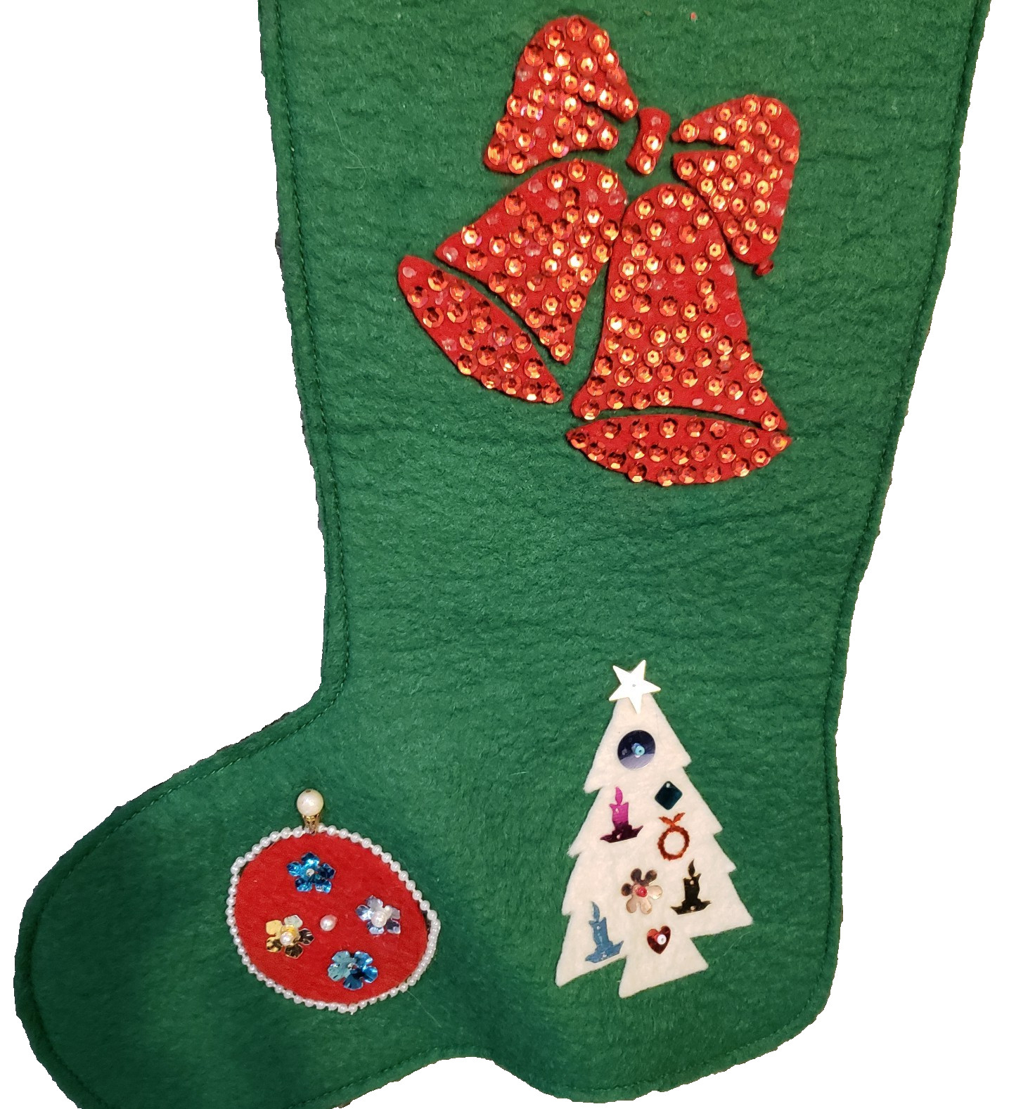 Green Felt Sequin Christmas Stocking Sequins Bells Jack Vintage Handmade
