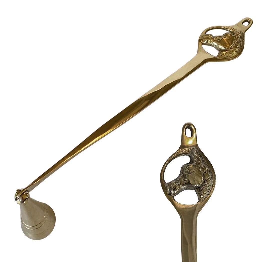 11-3/4″ Polished Brass Horse Head Candle Snuffer, Equestrian Decor