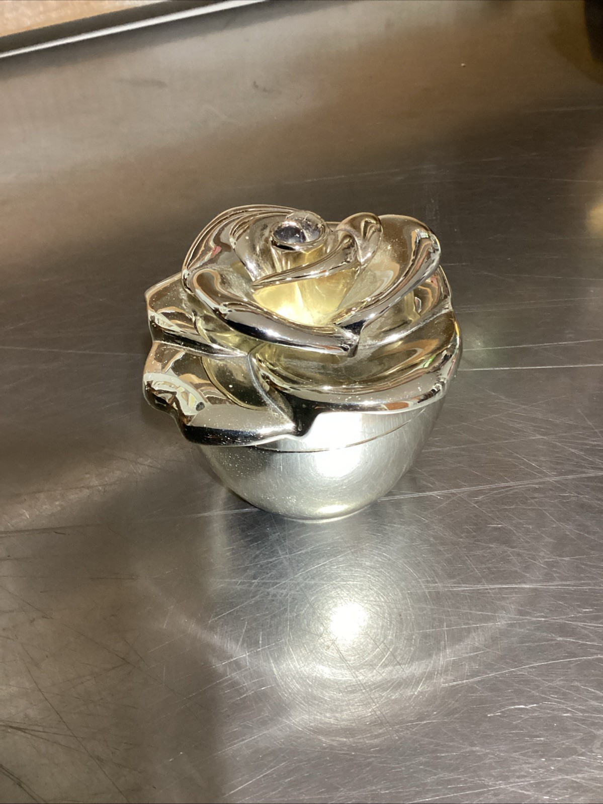 Vintage Silver Plated Rose Flower Trinket Box Navy Blue Velvet Interior