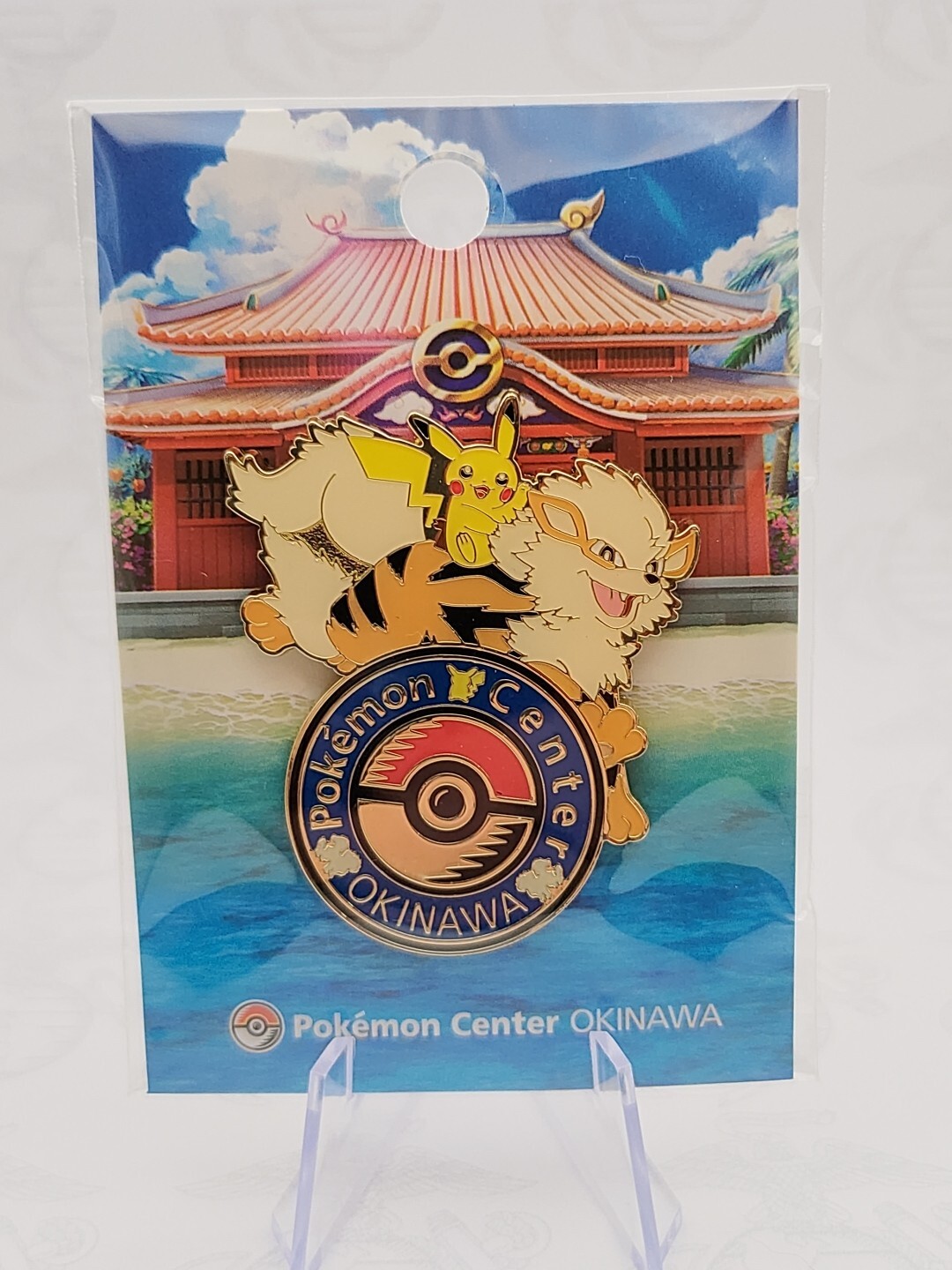 Pokémon Center Okinawa Logo Pin Badge Pikachu Arcanine (Brand New, In UK)
