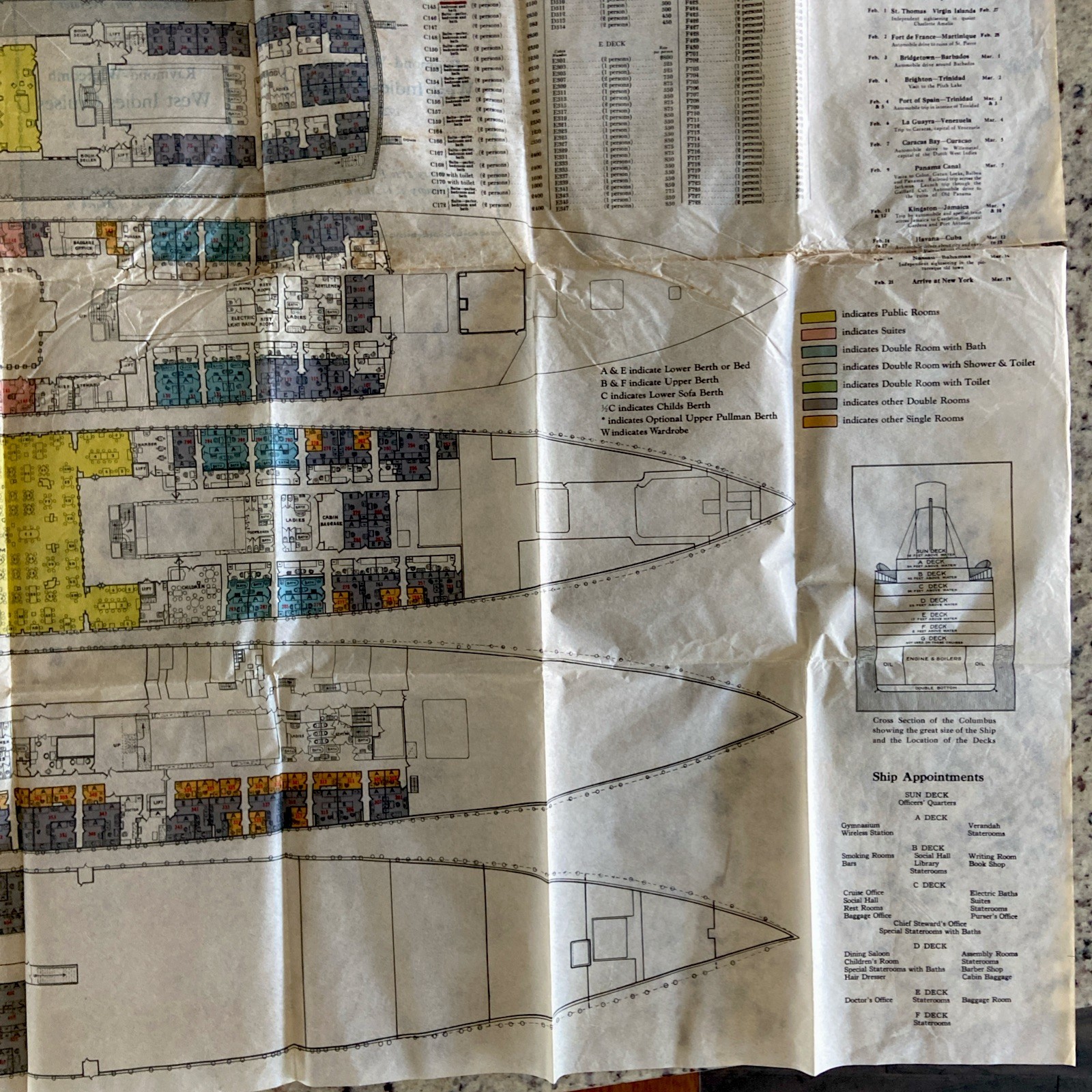 Antique Large 36”x48” Deck Plan SS Columbus Ocean Liner Steamship Diagram RARE