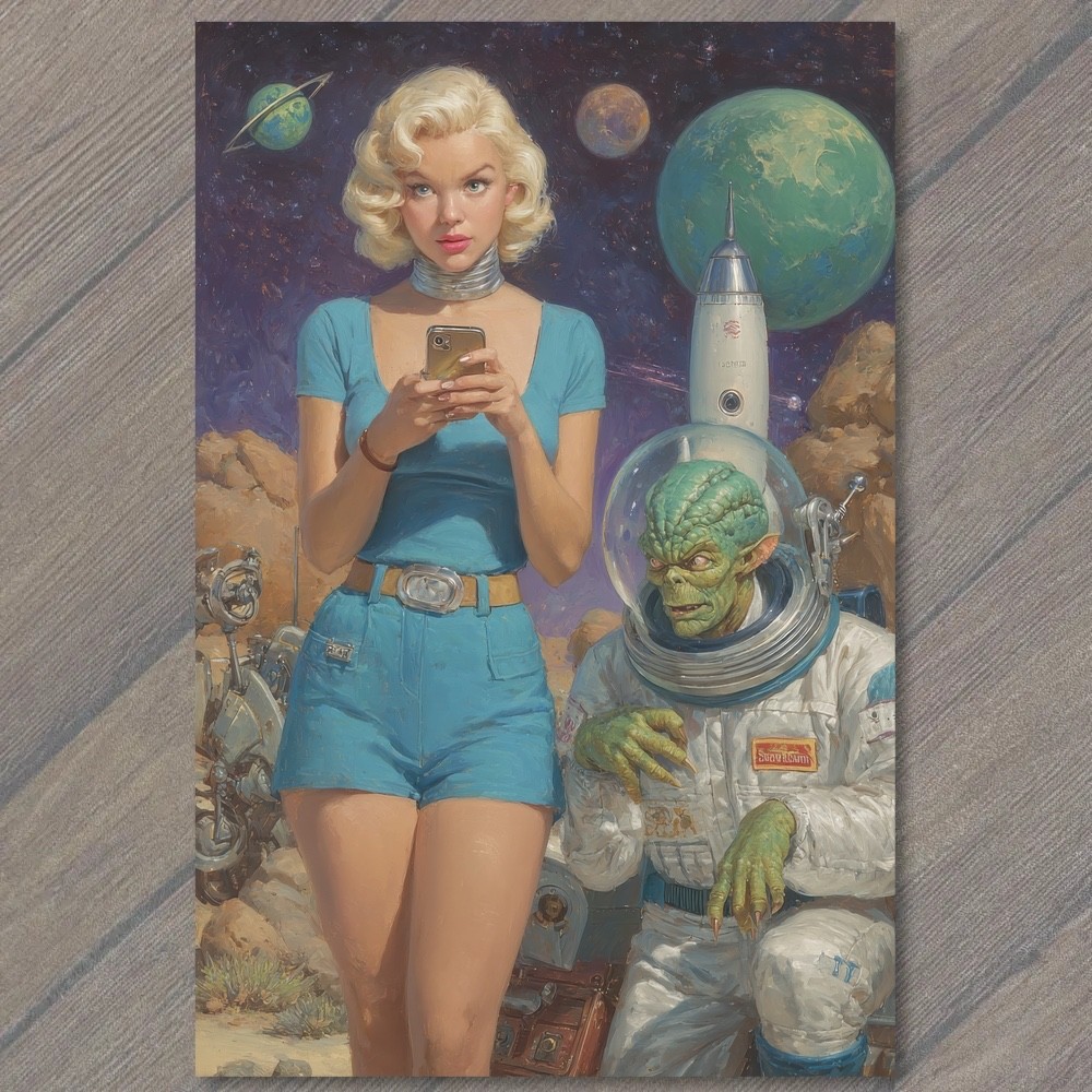 POSTCARD Retro Sci Fi Pinup Blonde Woman Smartphone Alien Astronaut Rocket
