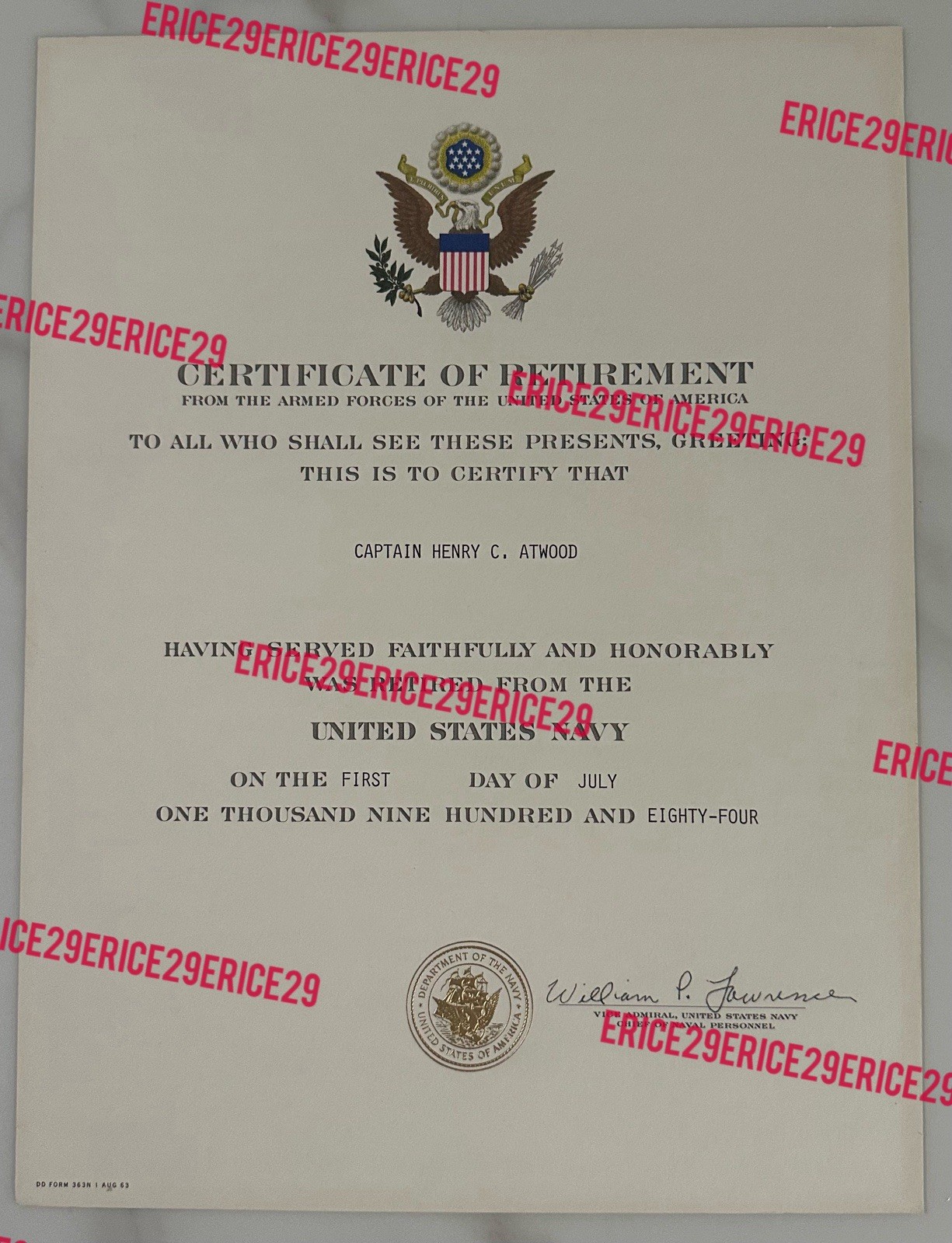 United States Navy 1984 Certificate of Retirement 9” x 12”