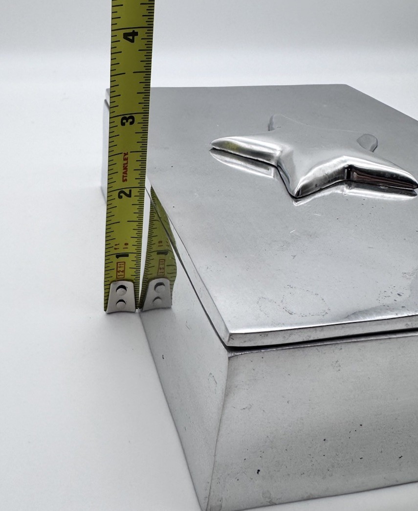 TRINKET BOX Rectangular with Star Motif Lid Glossy Pot Metal-Aluminum(?) 7”