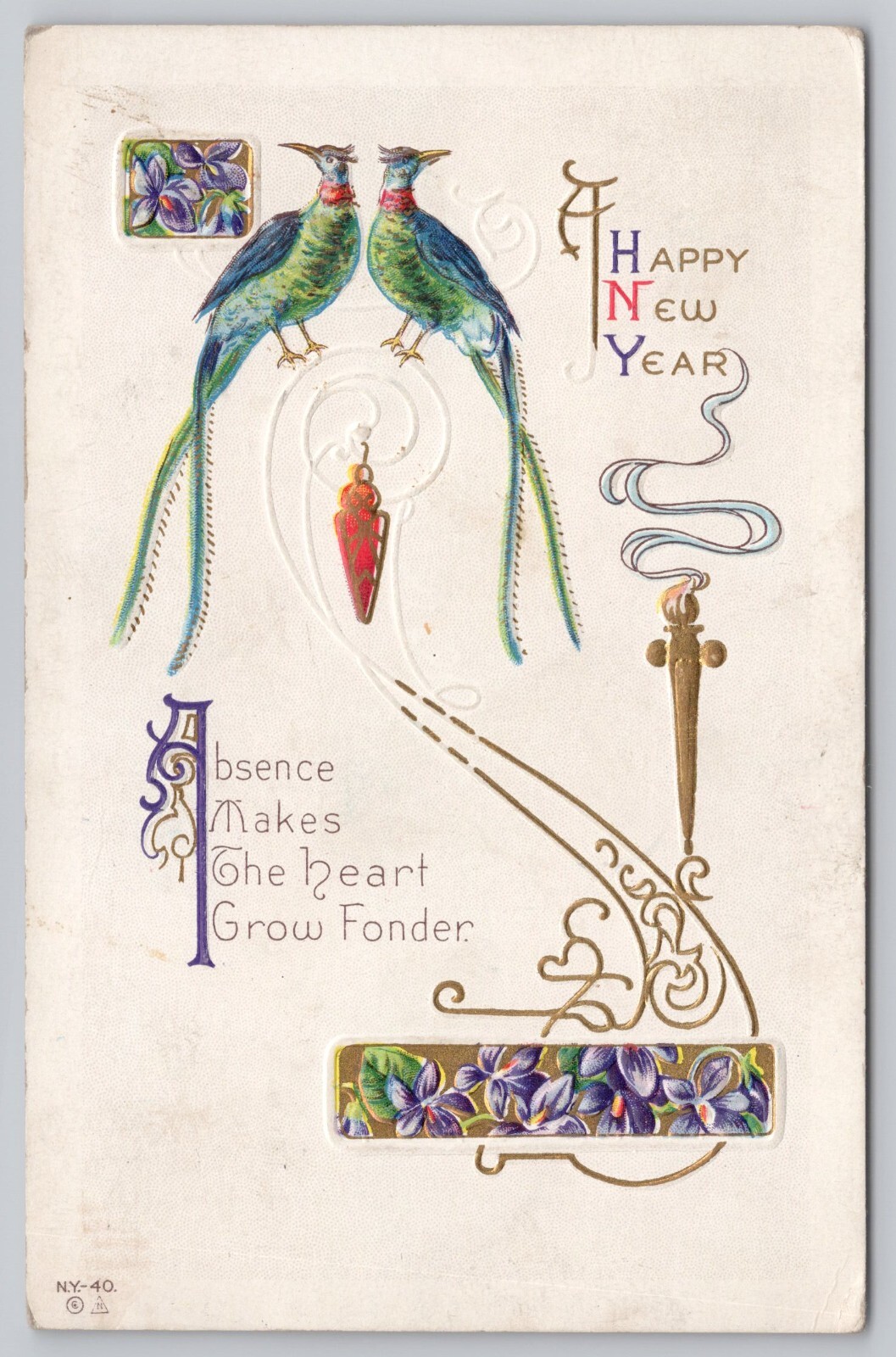 Happy New Year Embossed 1914 Postcard Quetzal Birds Art Nouveau E Nash