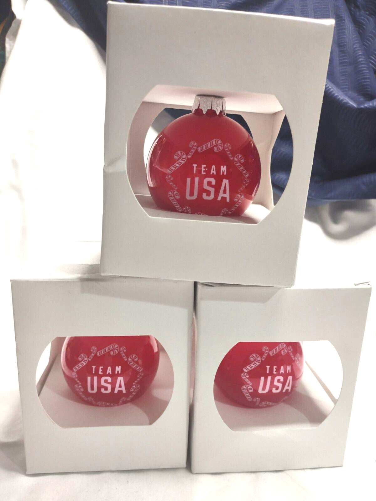 3 Olympic Team USA VTG Xmas Ornaments Red Balls w Original Boxes