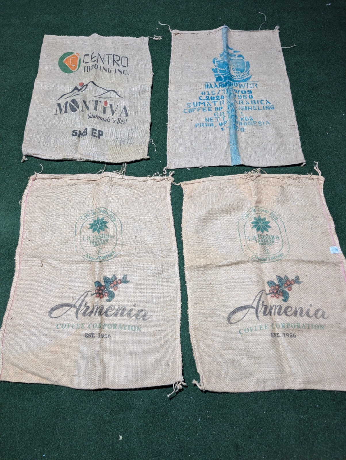 4 Large Decorative Colombia Jute Burlap Coffee Bags – 150lb – ~30in x 38in