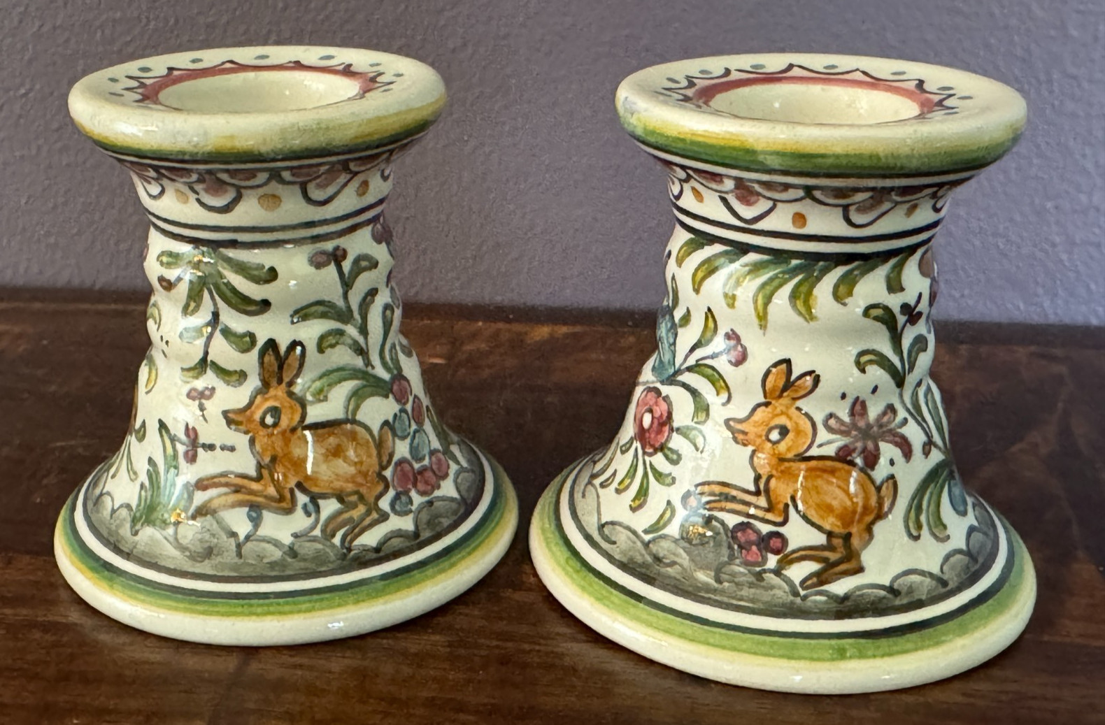 Hand Painted Taper Candle Holders Rabbits Flowers Cottage 2.5×2.5” PORTUGAL