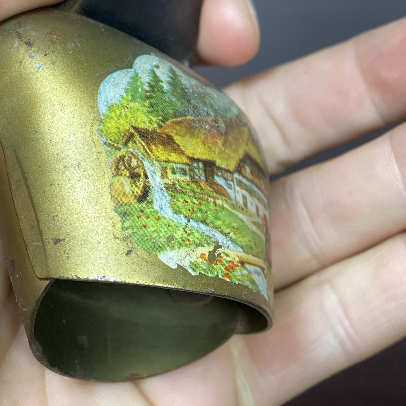 Brass Swiss Cow Bell Multi Color Fringed Leather Strap Vtg 6” Cottage Landscape