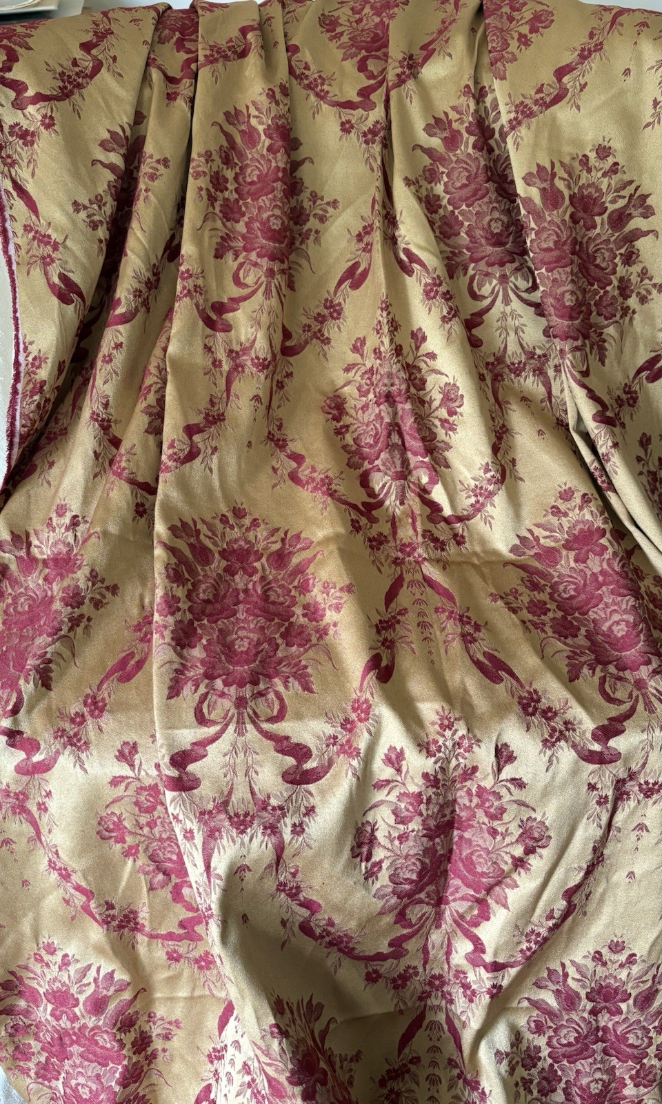 Vintage Floral Garland Ribbon Satin Damask Fabric ~ Gold Dark Red