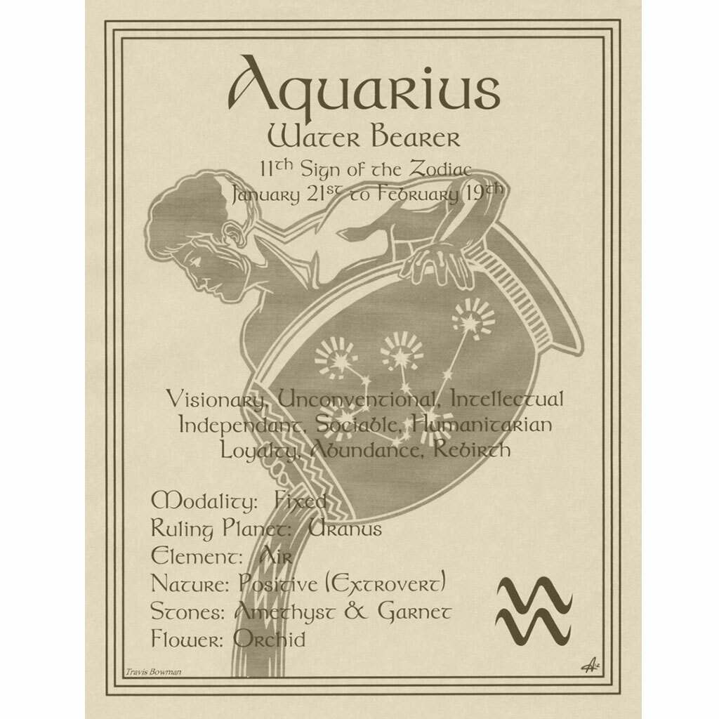 Aquarius Zodiac Sign Poster 8.5 x 11″ Parchment Print Page Star Sign Astrology