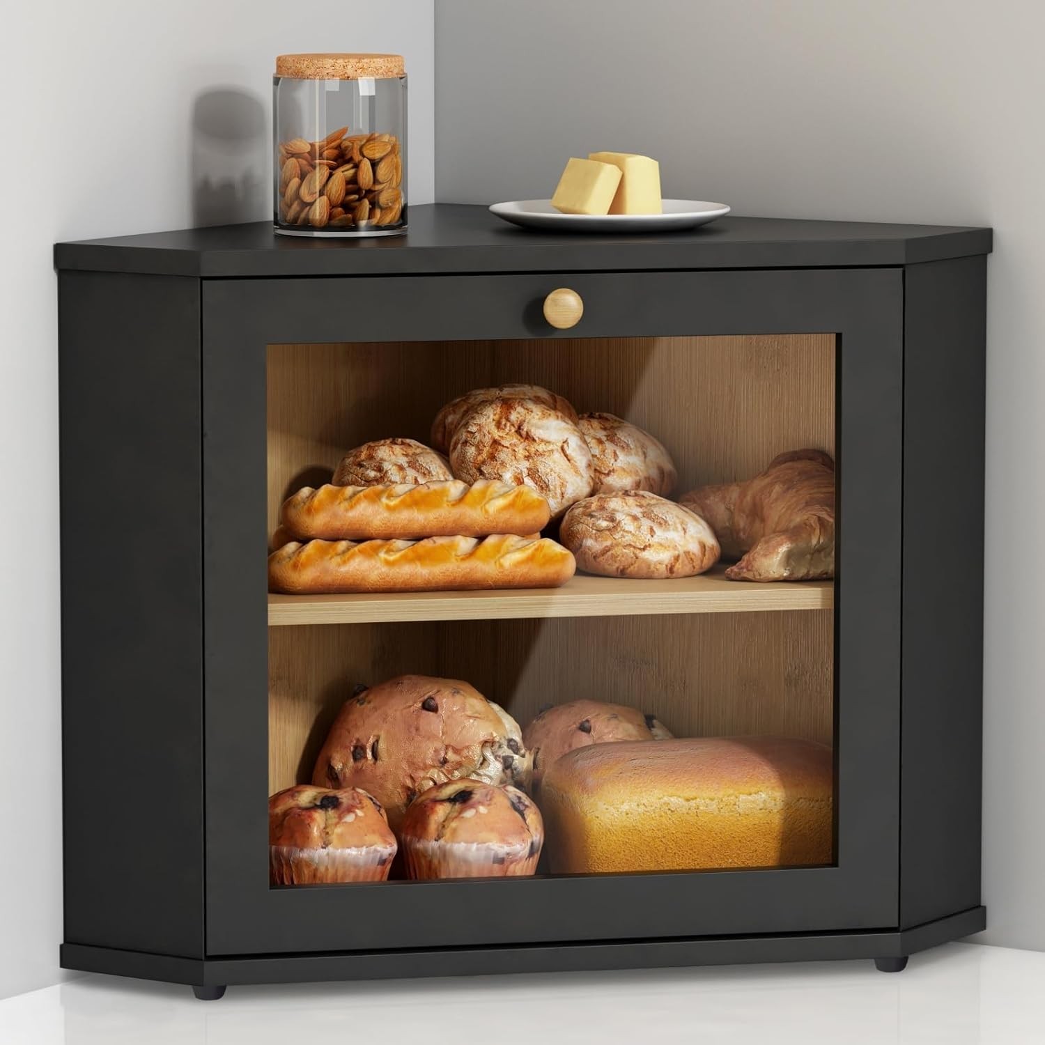 Kitchen countertop corner bread box, pantry shelf