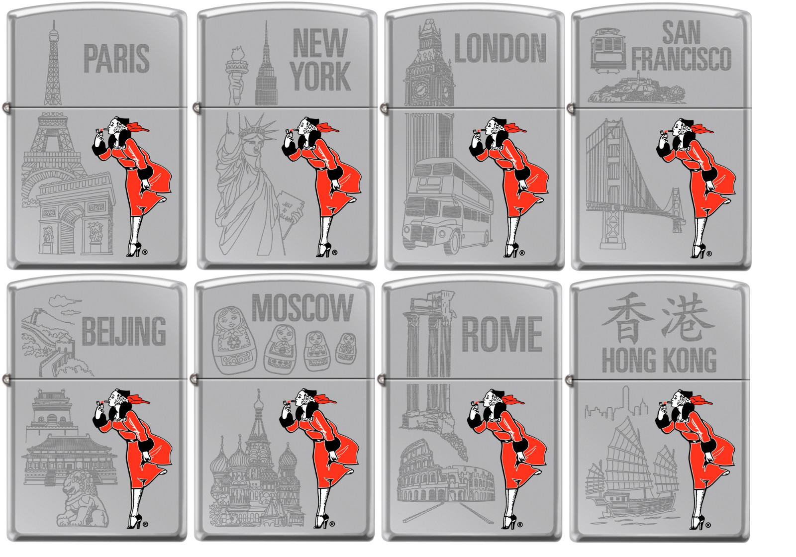 Zippo Windy Girl 8 Lighter Set Traveling Cities High Polish Chrome New Rare