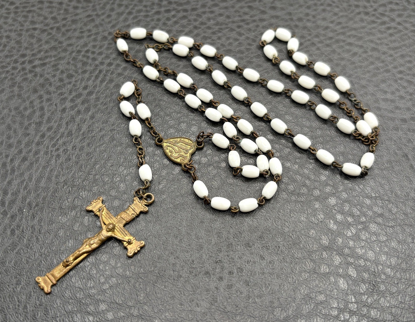Vintage Czech White Milk Glass Rosary Brass Bronze Crucifix Catholic Prayer