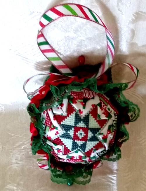 Hand Crafted Quilted Folded Star 4”Ball Xmas Tree Ornament Cross Stitch Lace Vtg