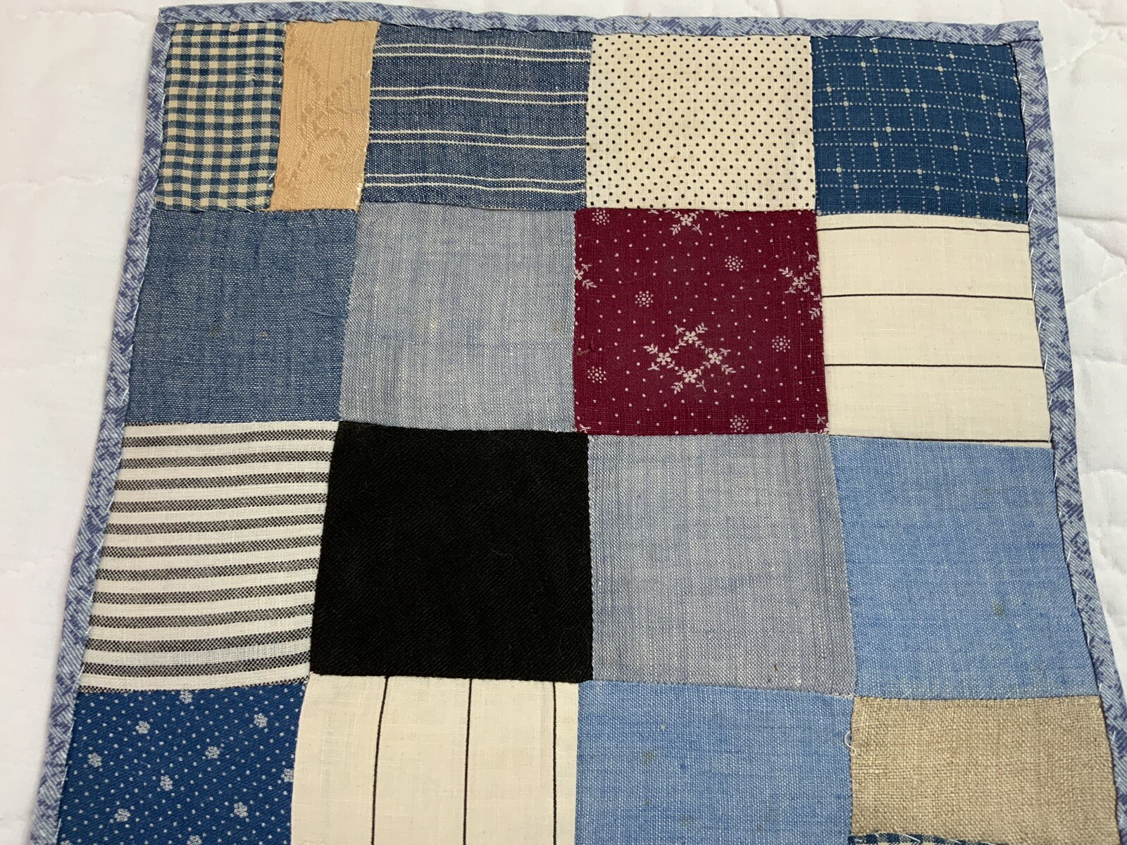 Vintage Antique Patchwork Quilt Table Topper, Four Patch, Early Calicos, Blue