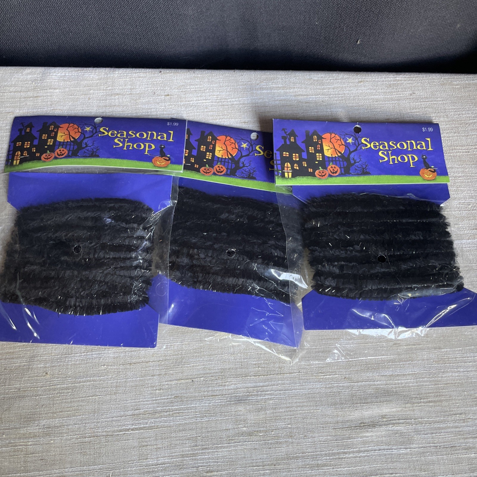 Lot of 3 Vtg 2006 Black Chenille Garland 5yds Ea Halloween Fall Craft Decor