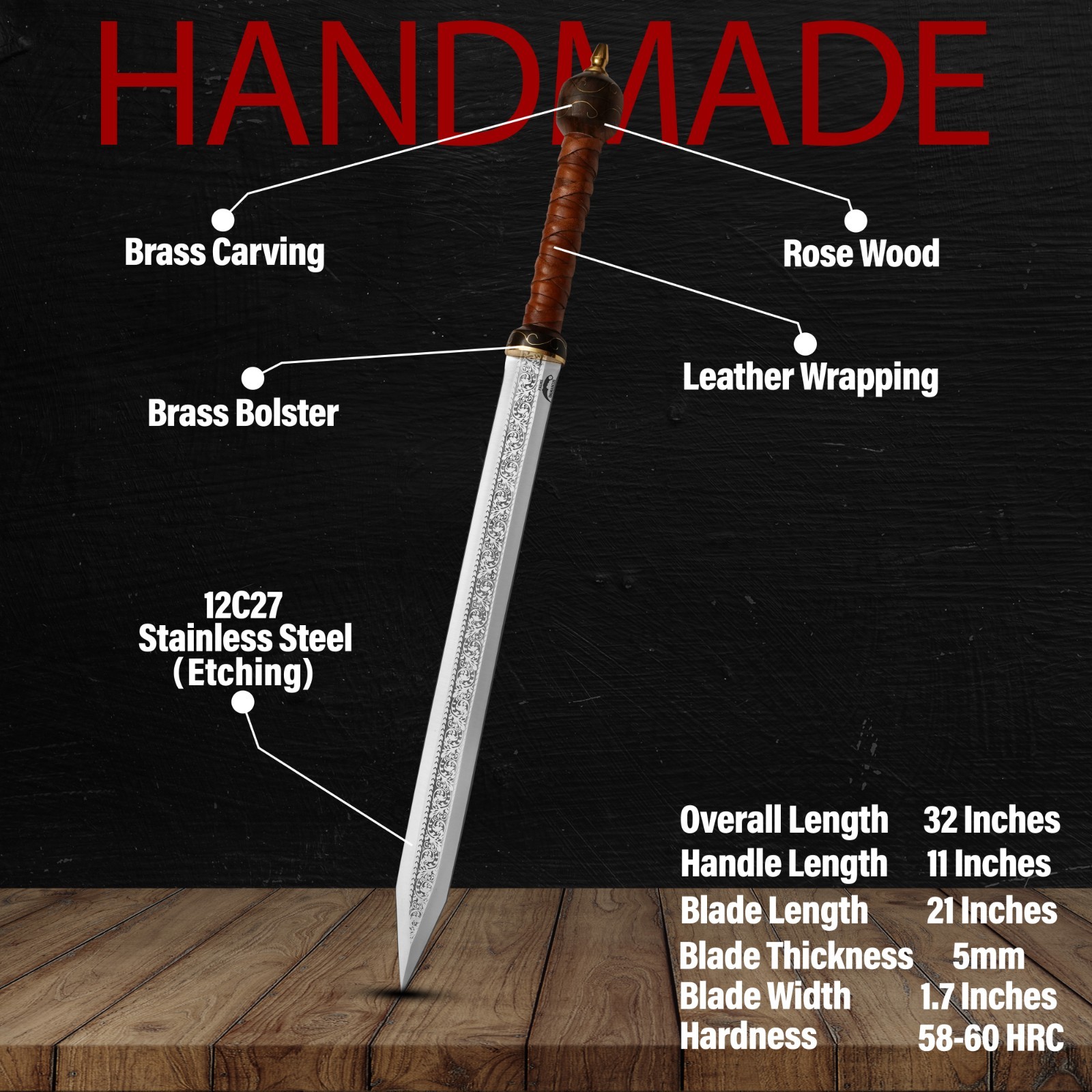 Handmade Roman Gladius Sword – 12C27 Stainless Steel Blade- Leather Sheath