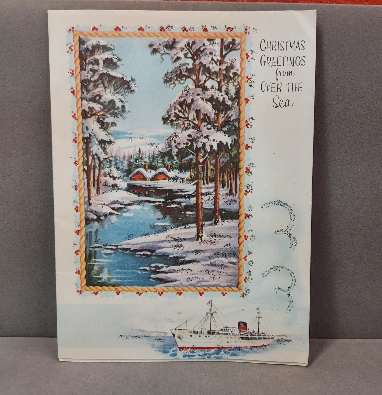Vintage Christmas Greetings From Over The Sea 1960s Used Glittered
