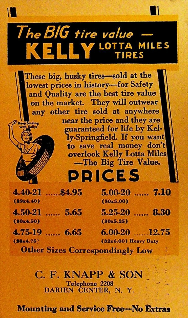 Kelly Tires Postal Card Big Tire Value Advertising Prices CF Knapp Darien Center