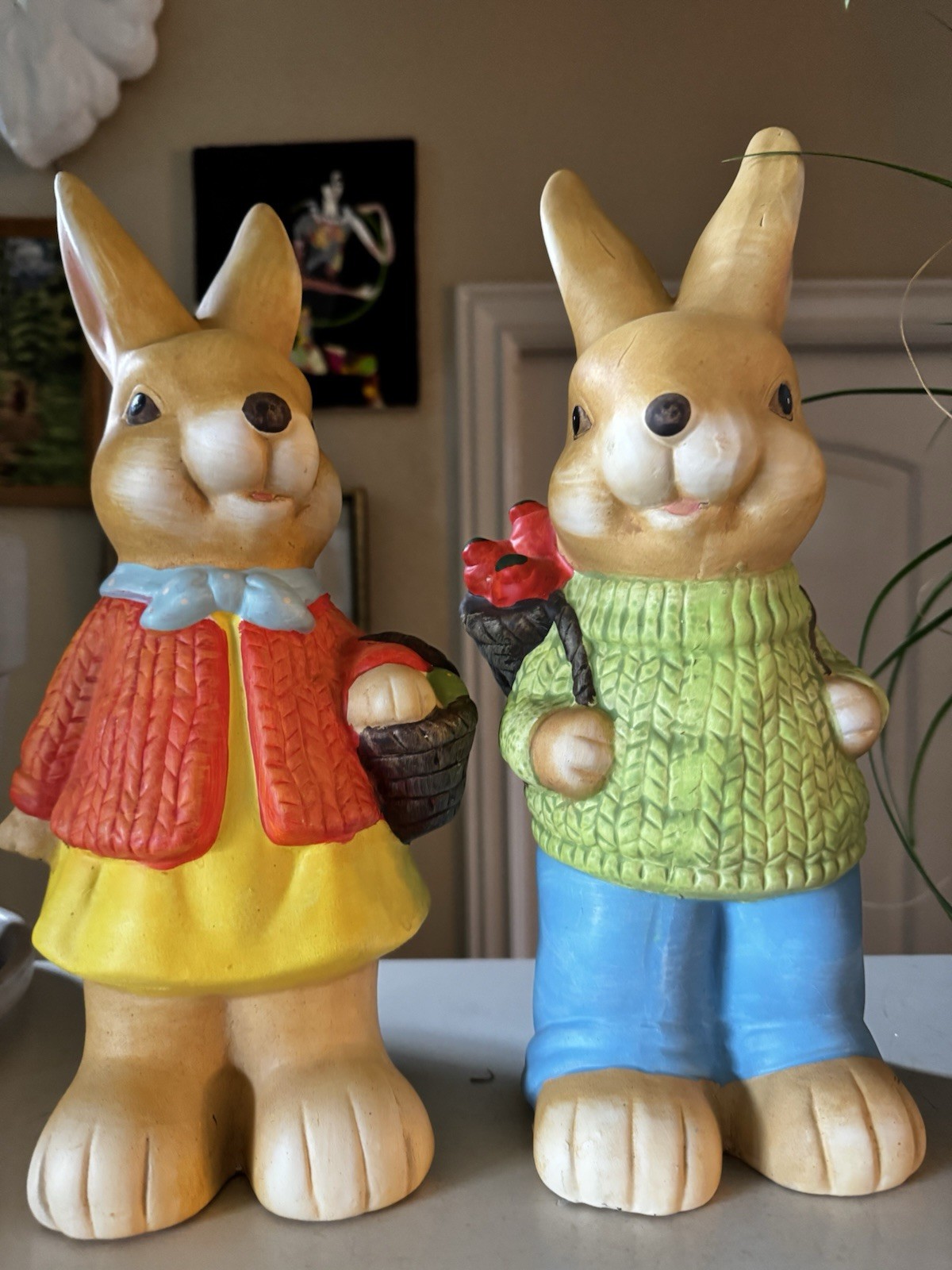 Vintage Ceramic Country Painted Matte Easter Bunny Pair Girl Boy 12.5″ Figurine