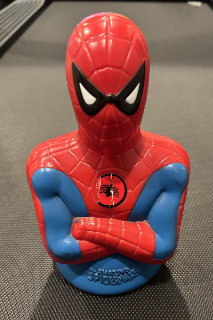 Vintage 1973 Mego Spider-Man Super Savers Coin Piggy Bank 8″ No Plug