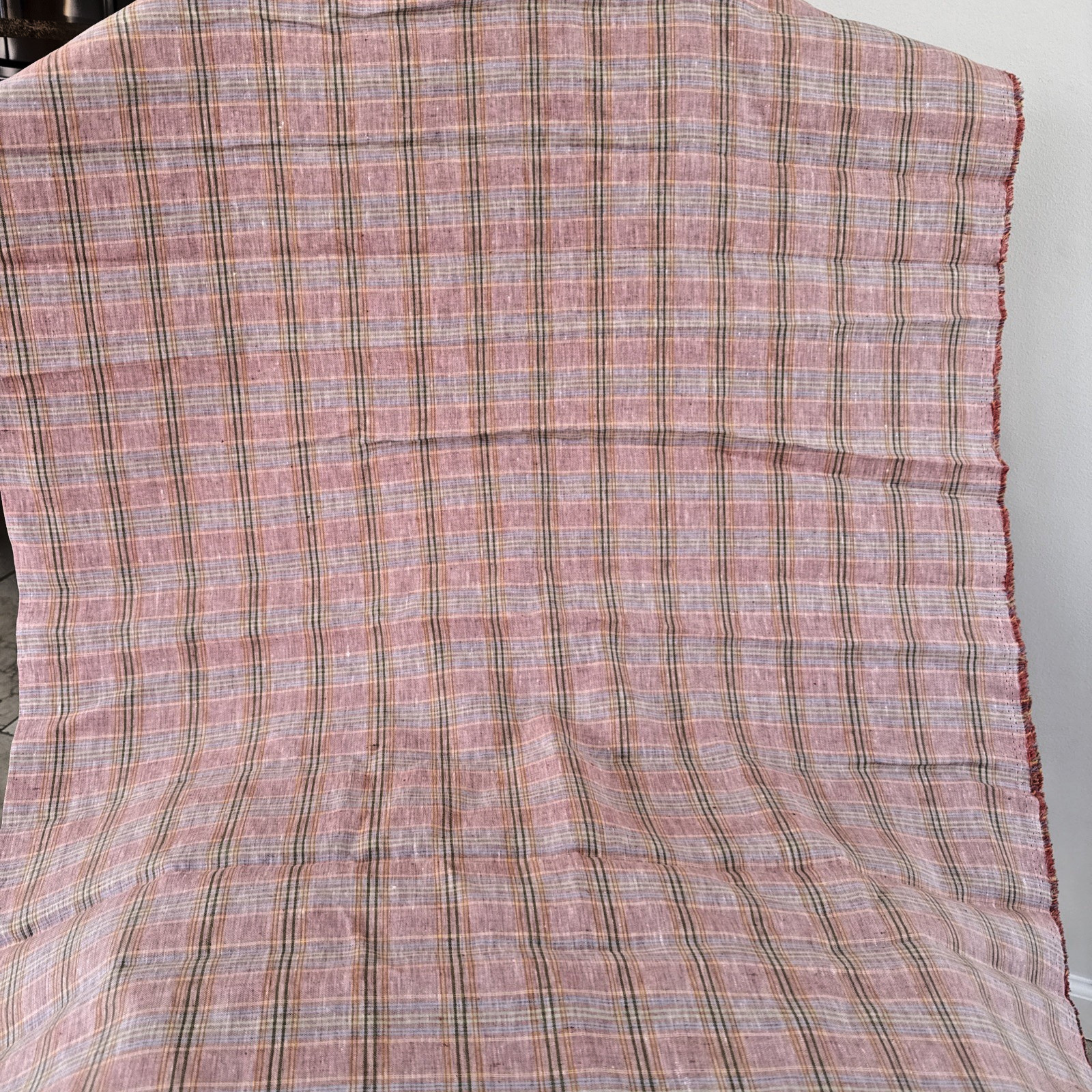 Linen Blend Pink Multicolor Windowpane Plaid Suiting Fabric 2.77 X 1.66 yds