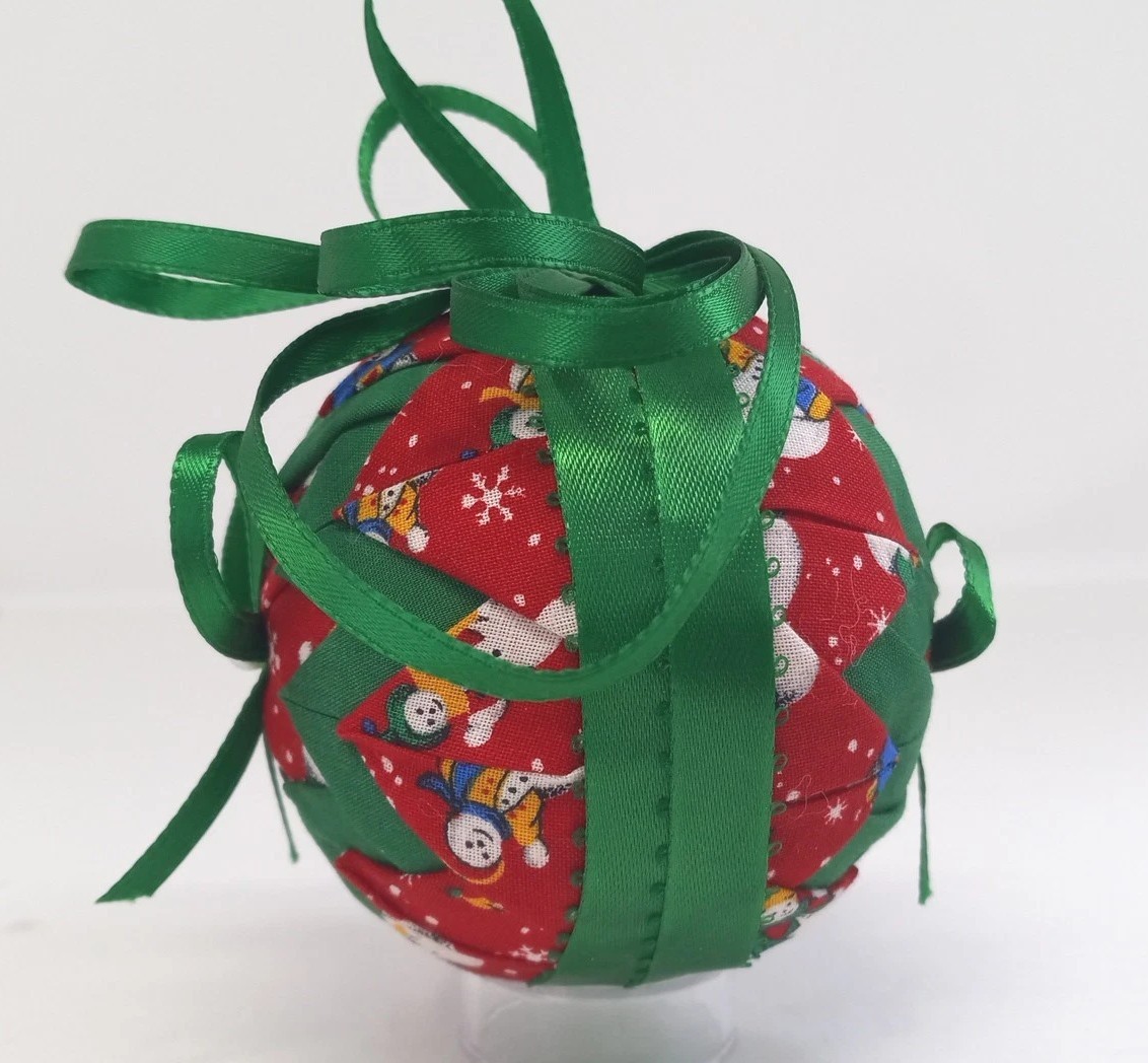 Handmade Folded Star Quilted Patch Ornament Red Green Christmas 3″