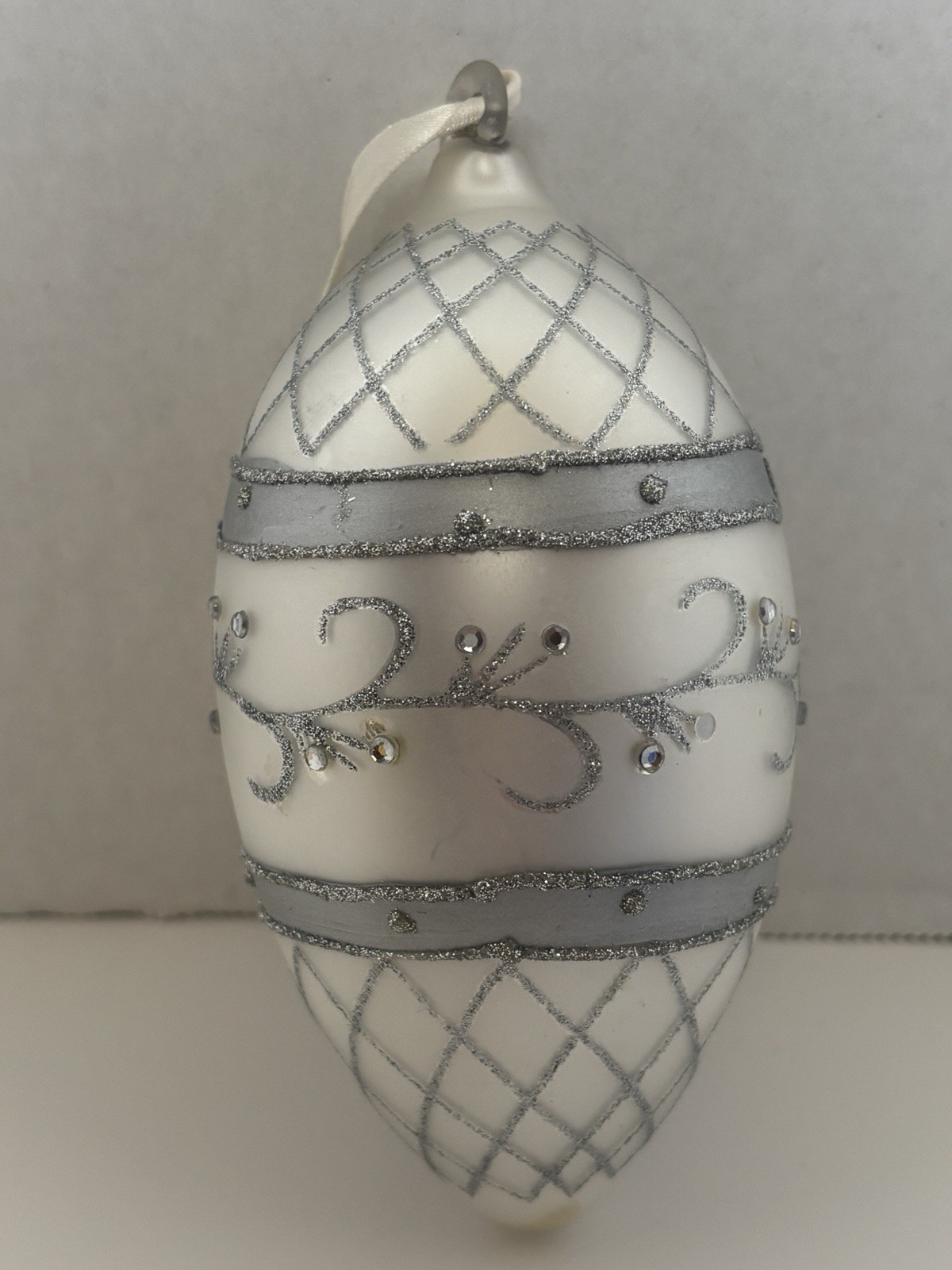 White/Silver Glitter Egg Ornament Christmas/Easter 5”