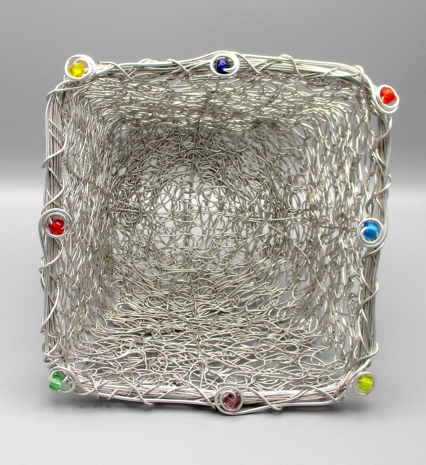 Decorative 8″ Square x 4″ High Wire Basket with Colored Beads