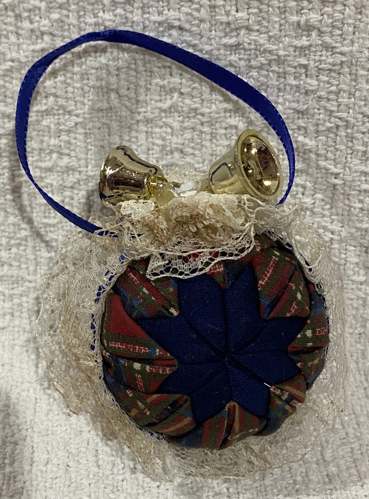Vintage Handmade Star Design Quilted Christmas Ball Ornament with Ribbon & Lace