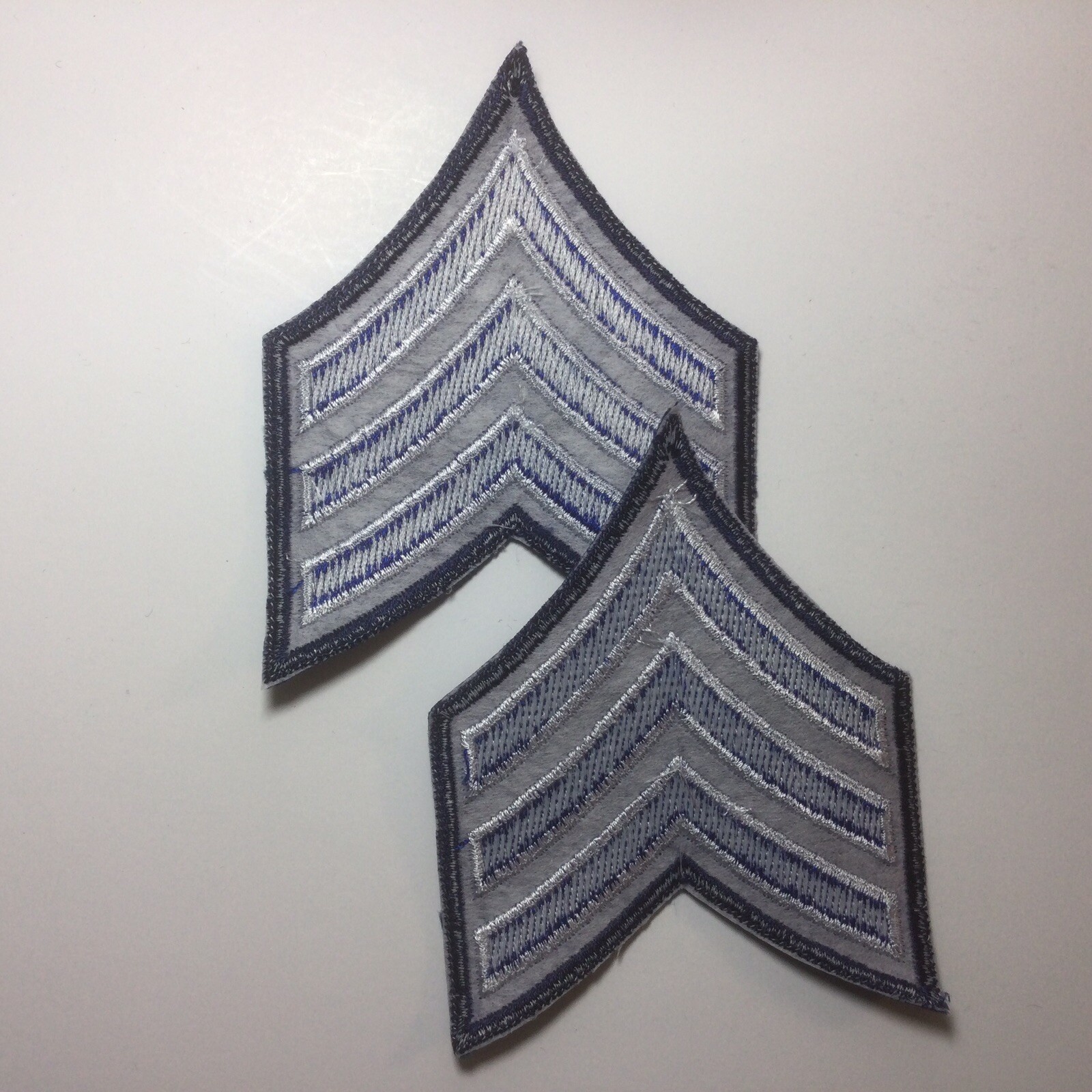 (2) Sergeant Chevron – 3″ Wide – 3 White/Royal Stripes on Dk Navy (Navy Border)
