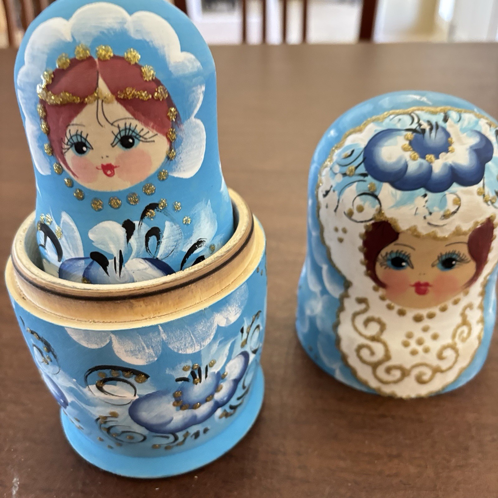 Matryoshka Hand Painted Matte Finish Blue Raised Gold Wood Nesting Doll Set 7 Pc