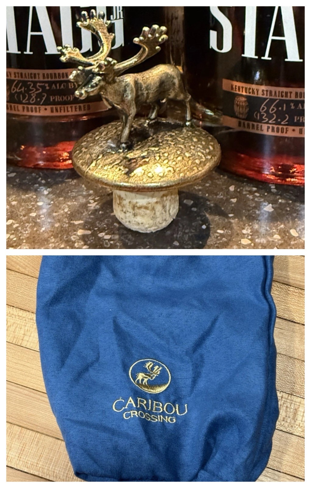CARIBOU CROSSING Bourbon Bottle Whiskey Stopper Cork Topper with Velvet Pouch