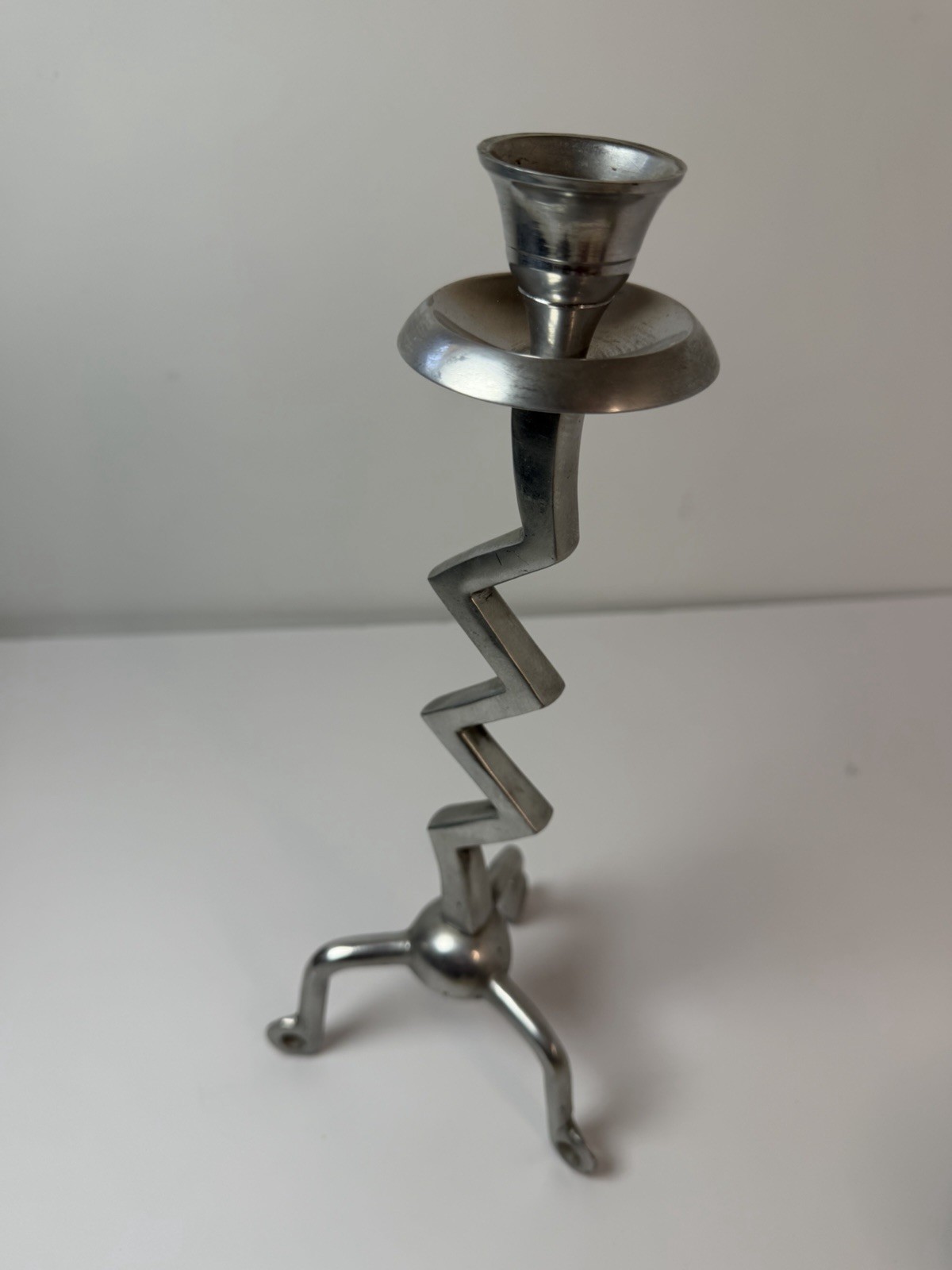 Postmodern Aluminum Zigzag Zig Zag Squiggle 13″ Candleholder Candlestick MCM Art