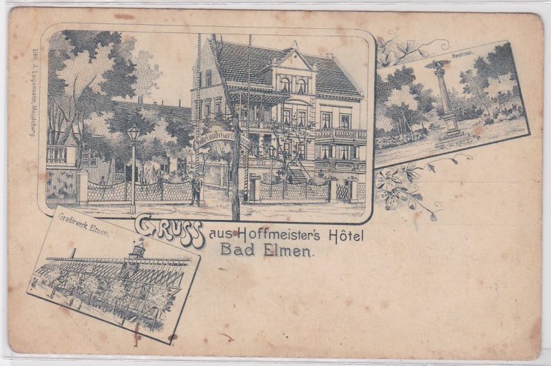 92077 precursor postcard greeting from Hoffmeister’s Hotel Bad Elmen – Gradirwerk, monument