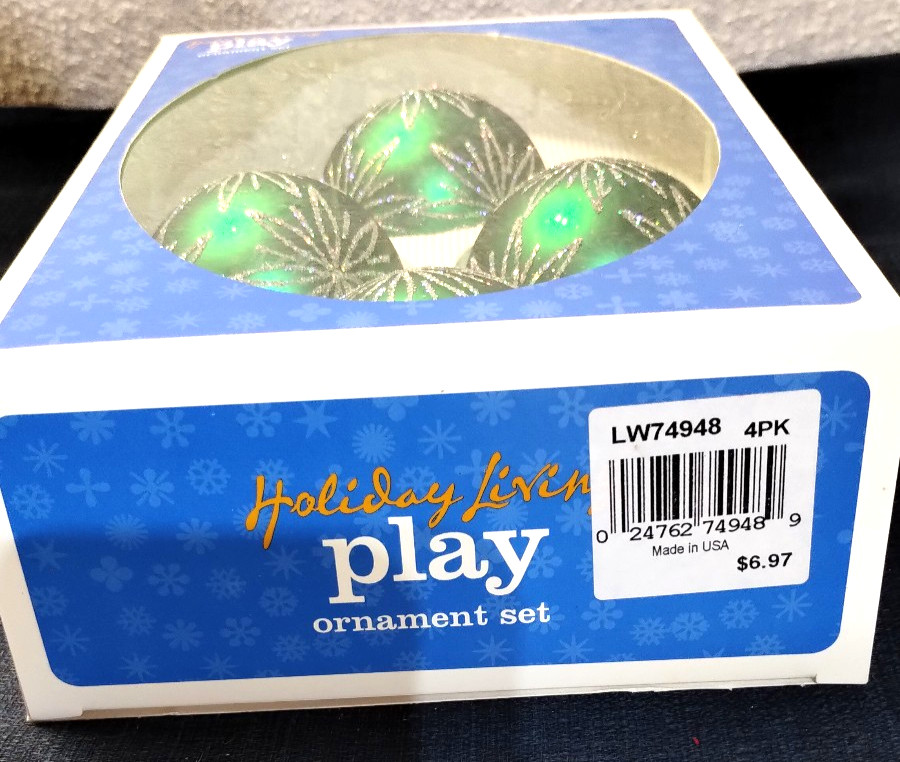 Glass Ornament Holiday Living Play Set of 4 Green Gold Glitter 2/1/2″