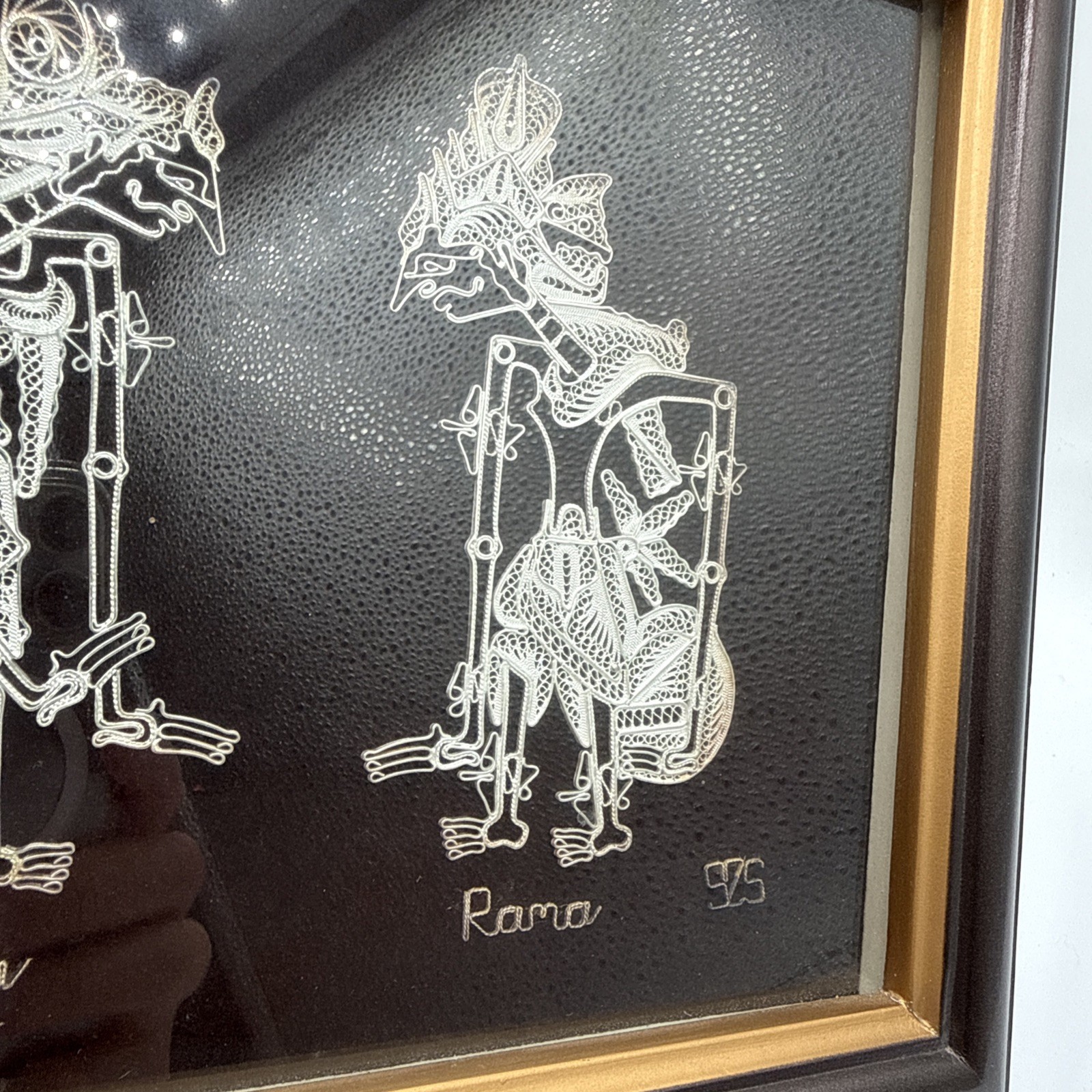 Wayang Kulit Wall Art Framed Indonesian Bali 925 Silver Filigree Shadow Puppet