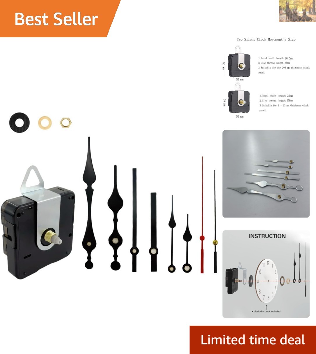 Versatile 12mm Clock Repair Kit with Silent Movement and Hands Included