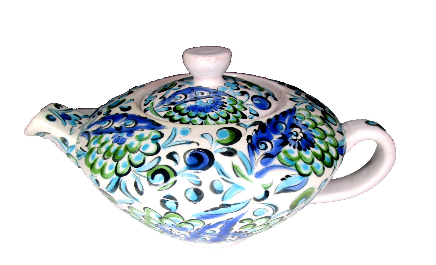 VTG Icaros Pottery Tea Pot Rhodes Greece~Hand Painted Blue/Green~Maker’s Mark