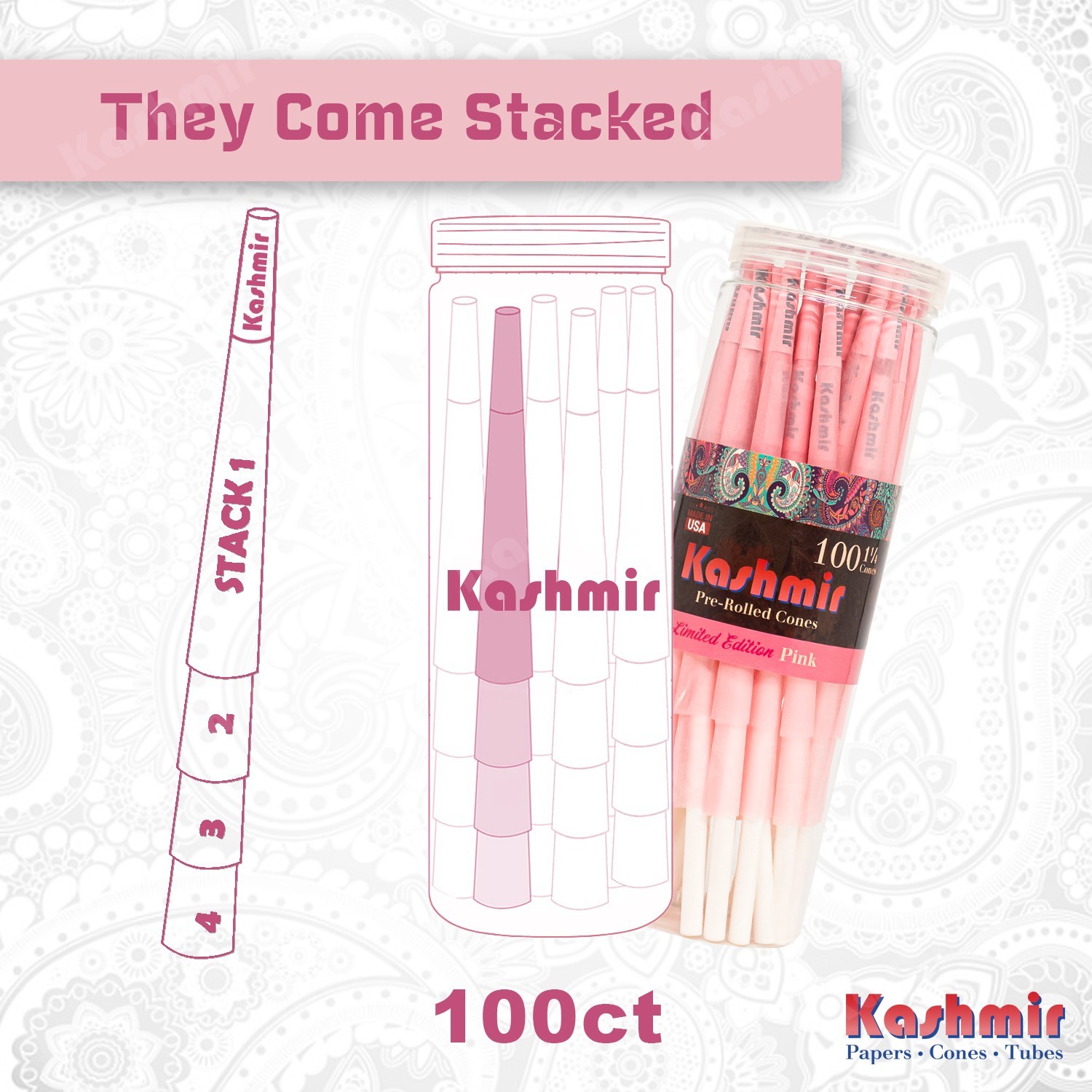Kashmir Pre Rolled Cones Pink Rolling Papers 1 1/4 Natural Gum & Smooth 100 Ct