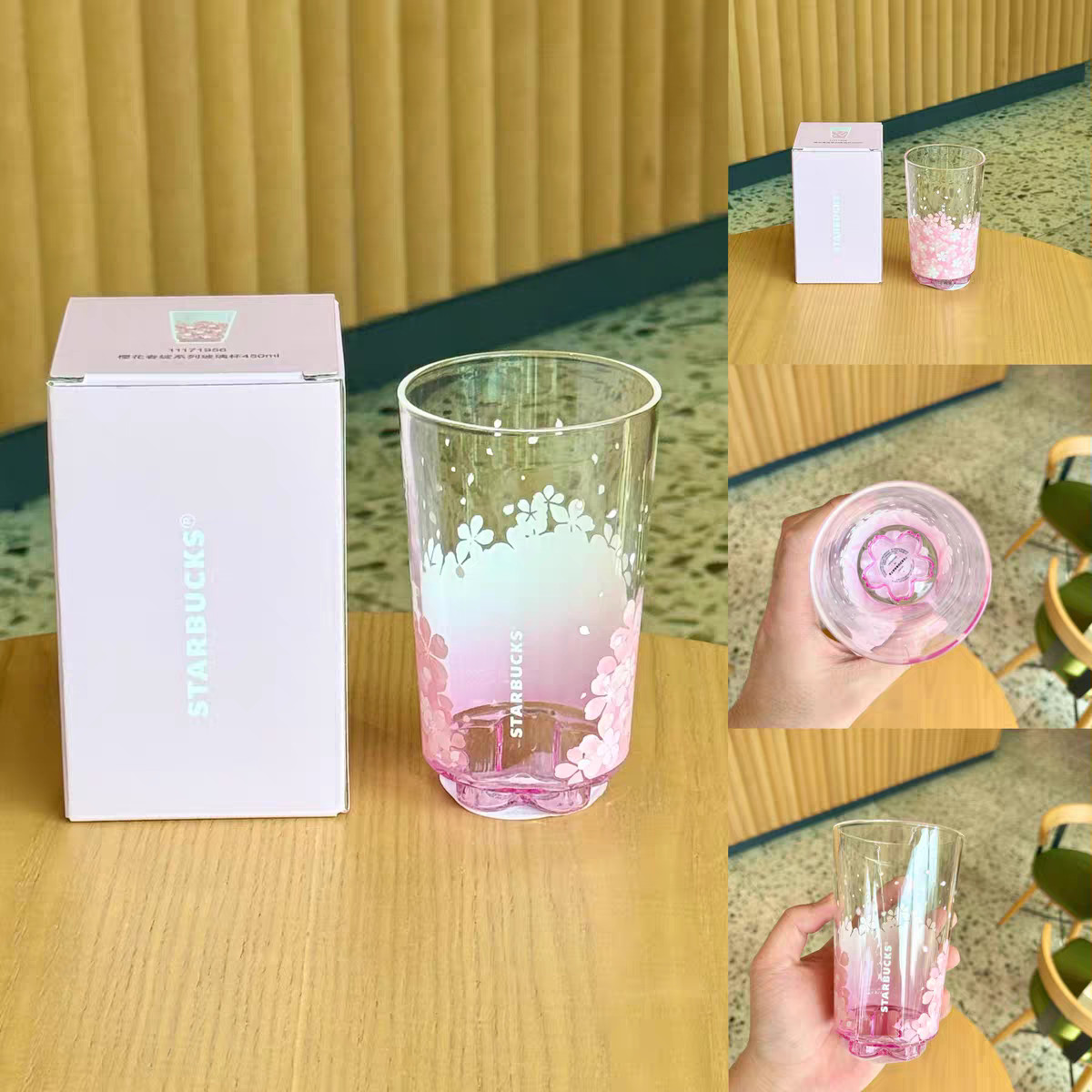Starbucks Cherry Blossom Spring Series Glass Cup 450ml Pink Floral Drinking Cup