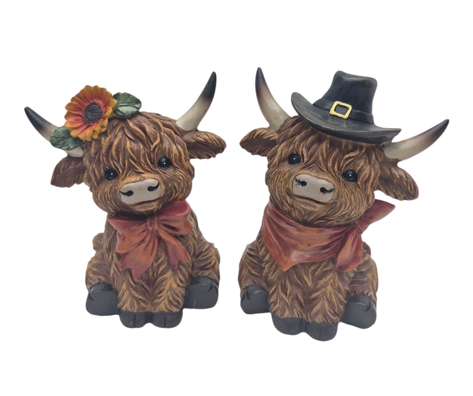 Hobby Lobby Fall Highland Cow Figurine Pair Sunflower Bow Cowboy Hat Bandana 5″
