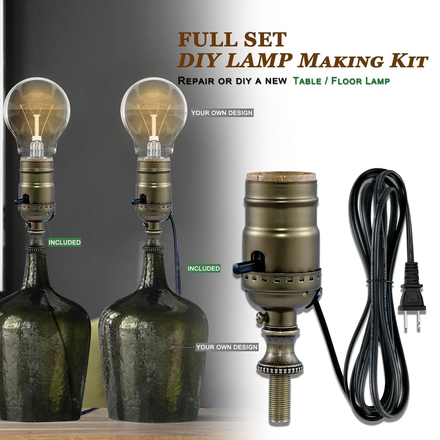 Lamp Rewire Kit,Lamp Socket Replacement Kit,Antique Brass Light Socket with M…