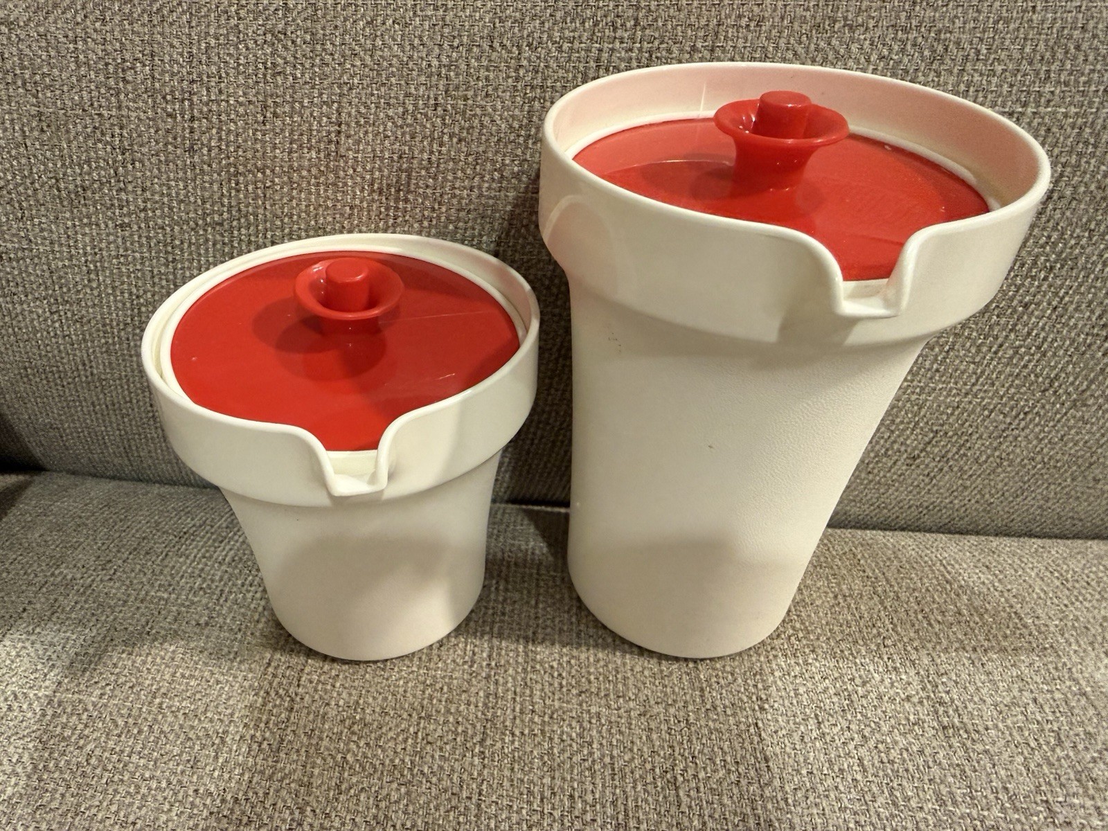 Vintage Tupperware Red Push Button Creamer and Sugar 1209-4 and 1210-5