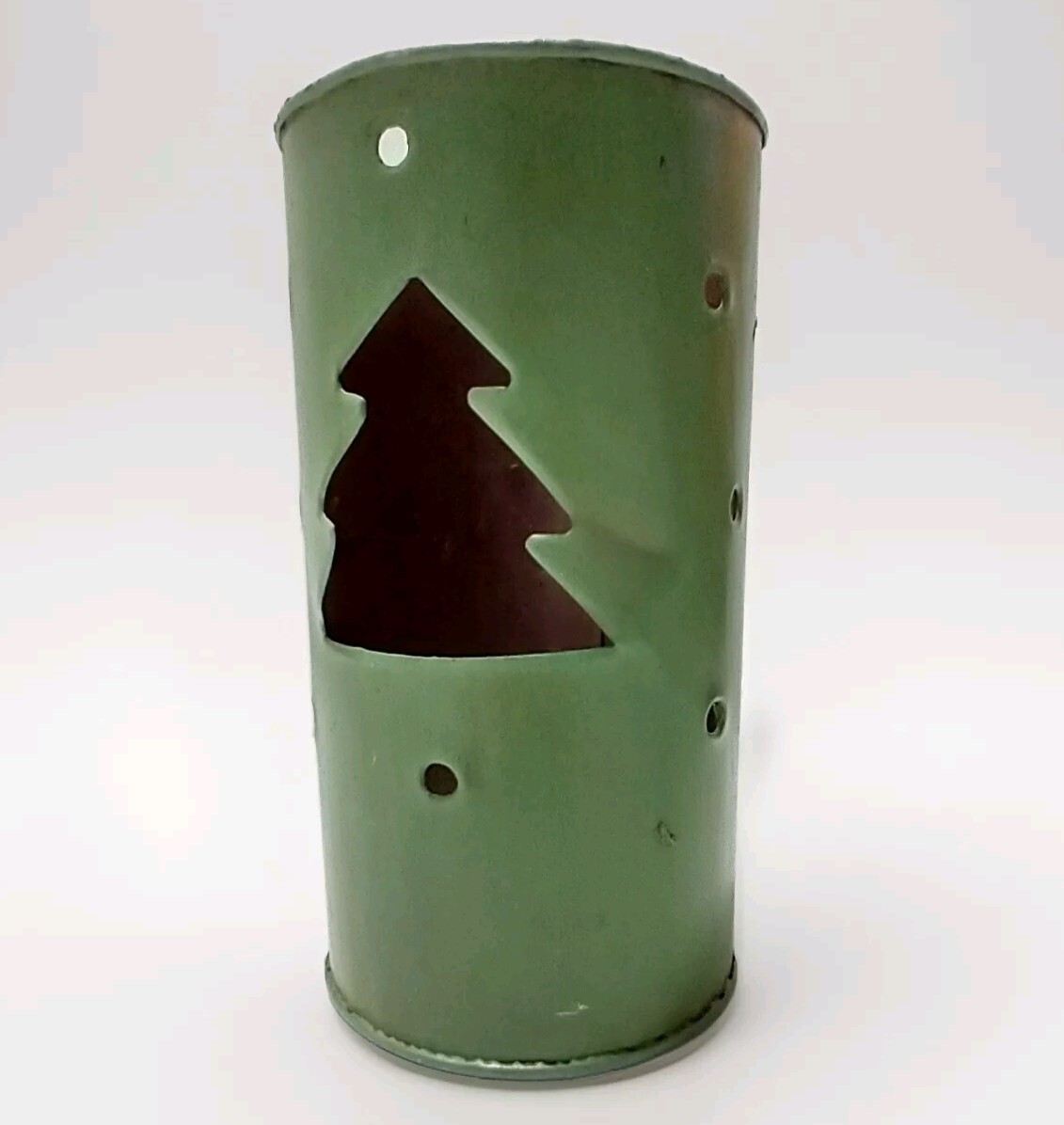 Christmas Tree Pierced Candle Holder Hand Painted Green Metal Indoor / Outdoor