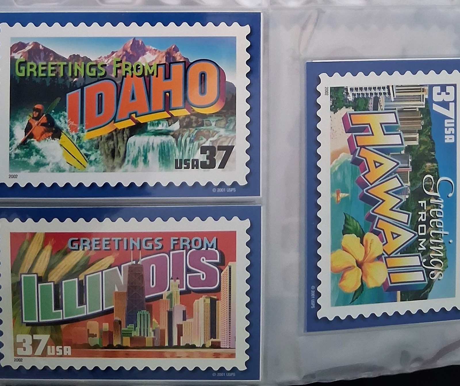 130+/- Postcards USPS Stamps: Santas w/Postage, 50 States in Album, Sleeves