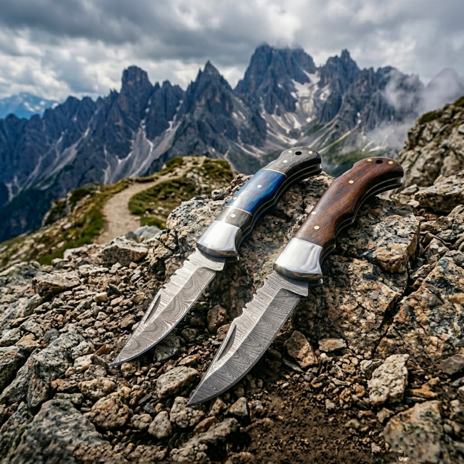 Handmade Damascus Folding Knife Set – Wooden Handle Pocket Knives