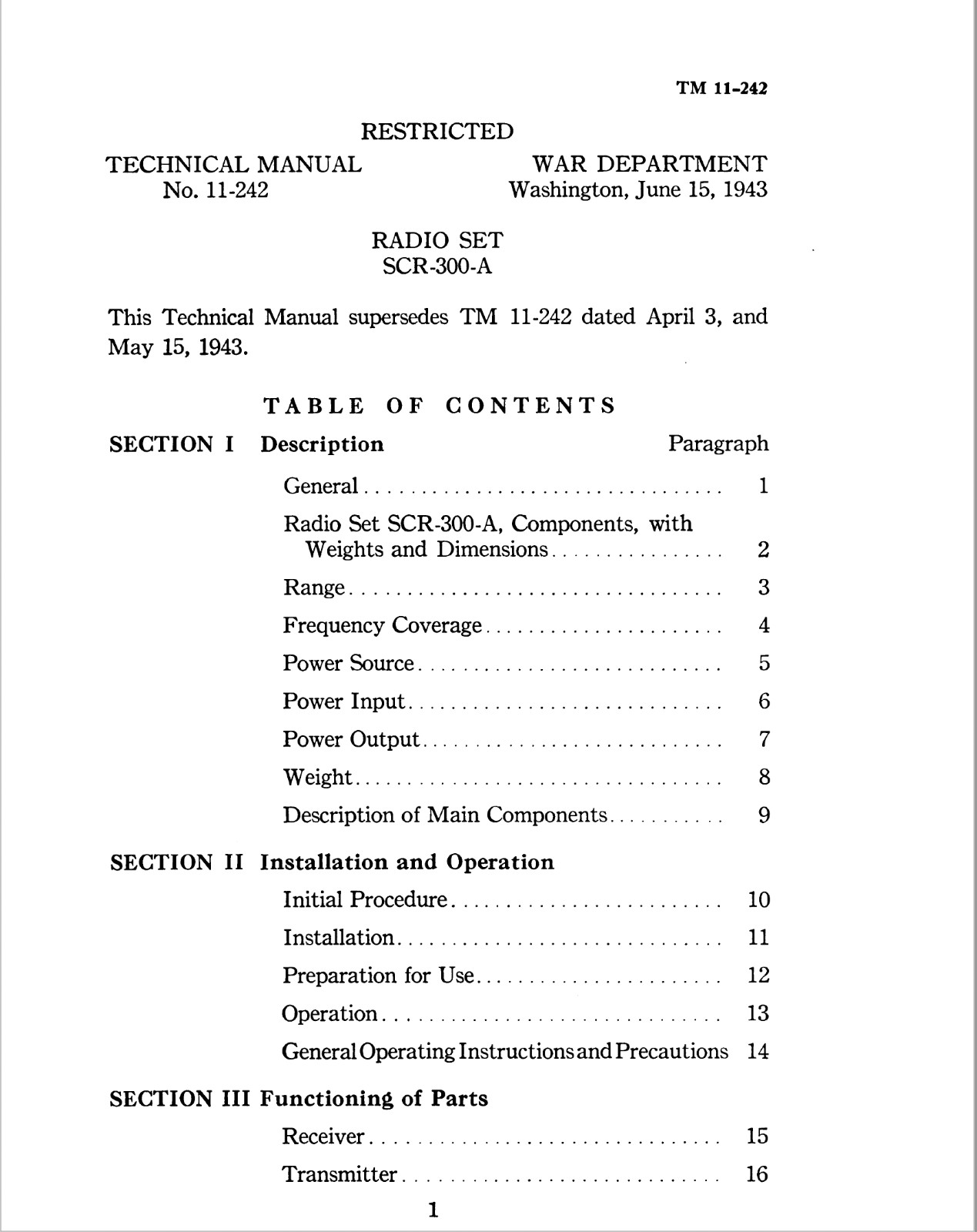 187 Page June 1943 TM 11-242 Radio Set SCR-300-A Technical Manual on CD